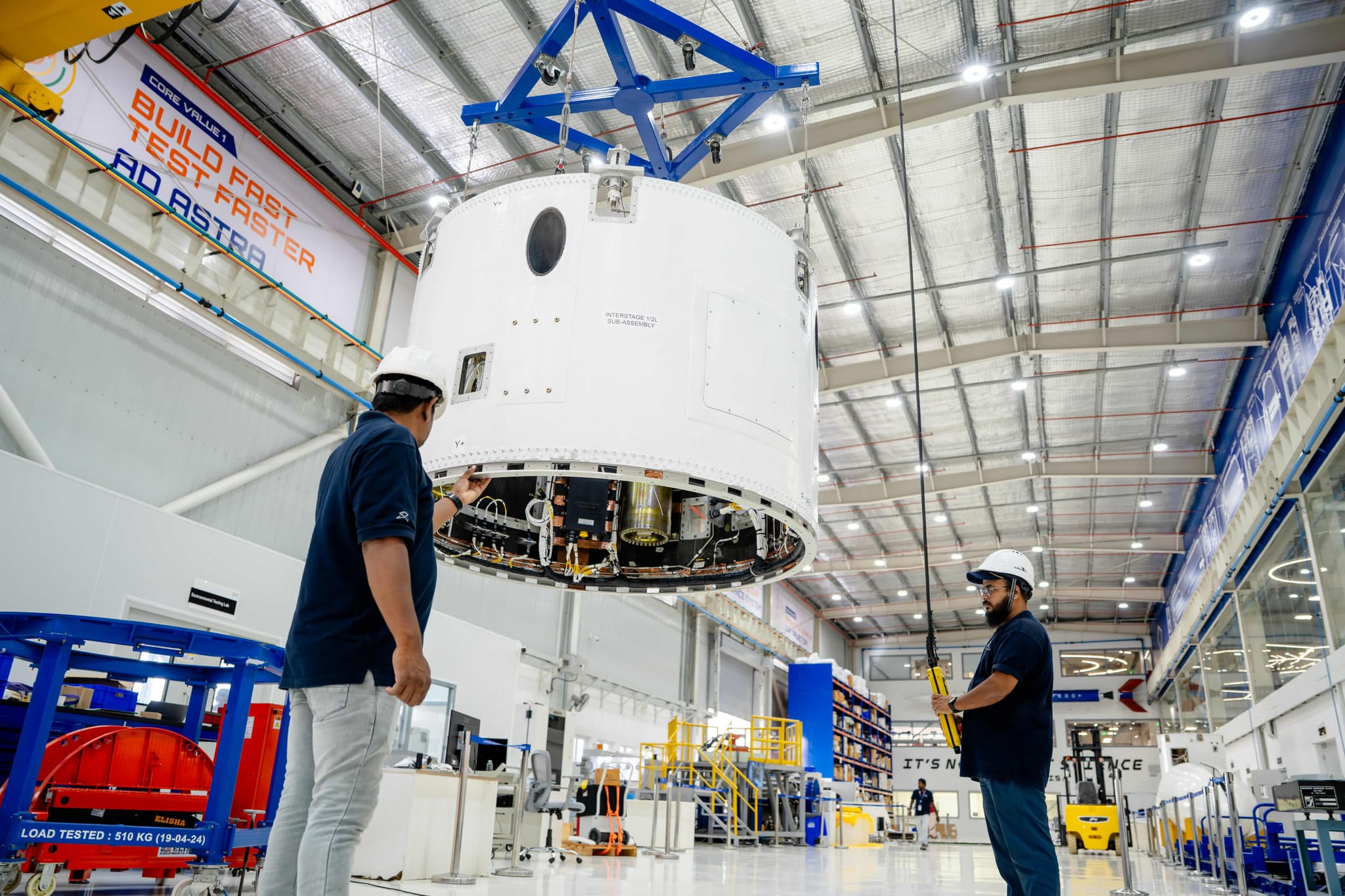 Vikram-1's first stage, Kalam-1200, being moved out of Skyroot Aerospace's facility to the test bed