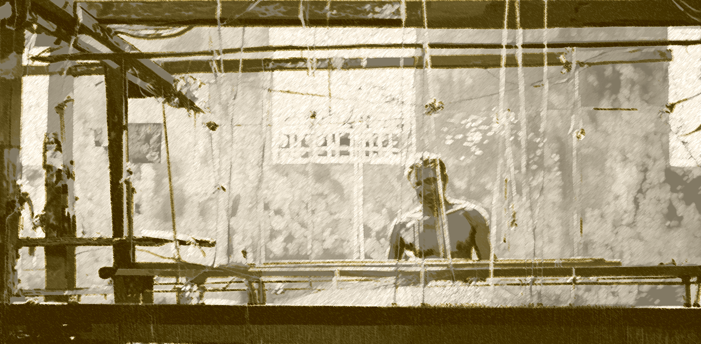 Man using weaving machine (black and white)