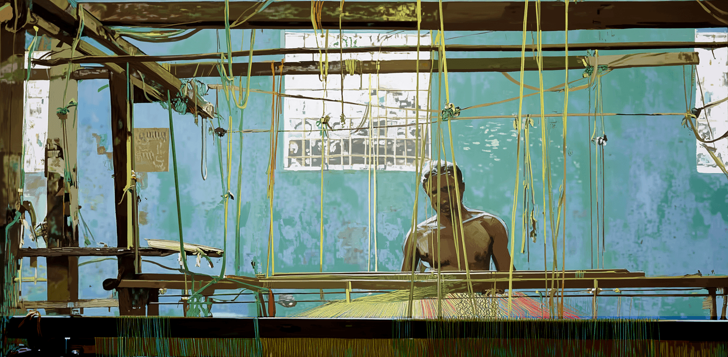 Man using weaving machine