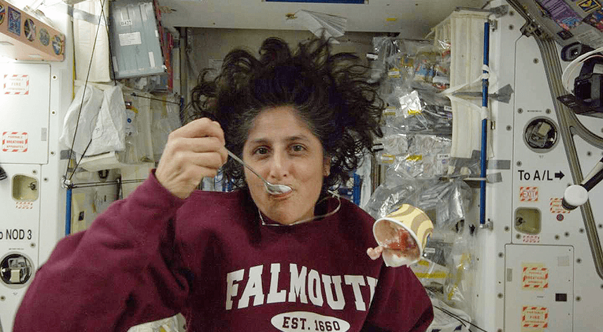Photo tweeted by Astronaut Sunita Williams aboard the ISS in October 2012, eating chocolate-vanilla swirl ice cream from Blue Bell Creameries, flown up in a powered GLACIER freezer on SpaceX's first NASA-contracted cargo mission.