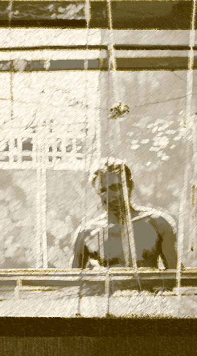 Man using weaving machine (black and white)