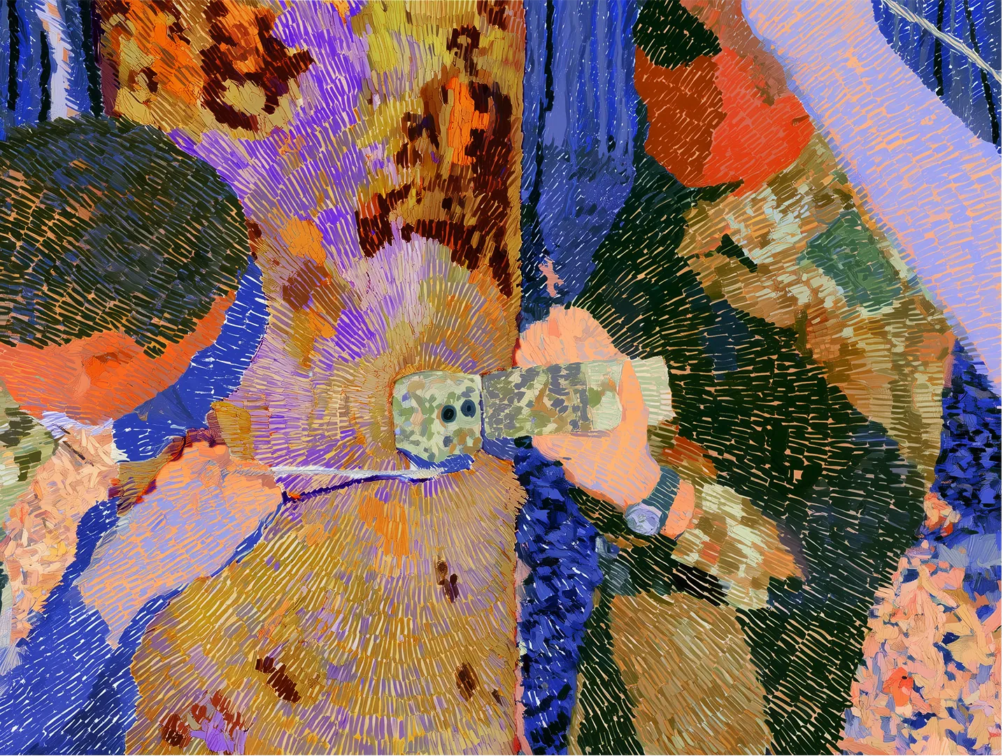 A painted camera trap being strapped to a tree trunk